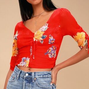 Free people red floral crop top blouse M